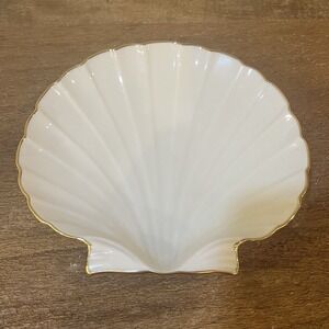 VTG Lenox Ivory Clam Scallop Shell Candy Trinket Dish 24 KT Gold Trim 7" USA